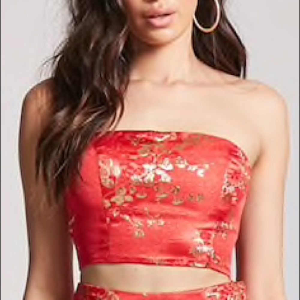 METALLIC FLORAL CROP TOP strapless tube Bandeau